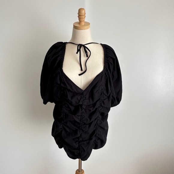 Ava & Viv Black Tie Back Ruched Top Square Neck Puff Sleeve 2X Blouse - Picture 1 of 9